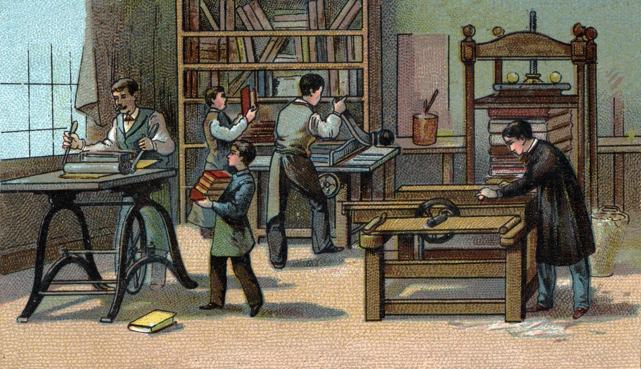 Oficina de encadernação: Cromolitografia do final do século XIX de Unknown artist