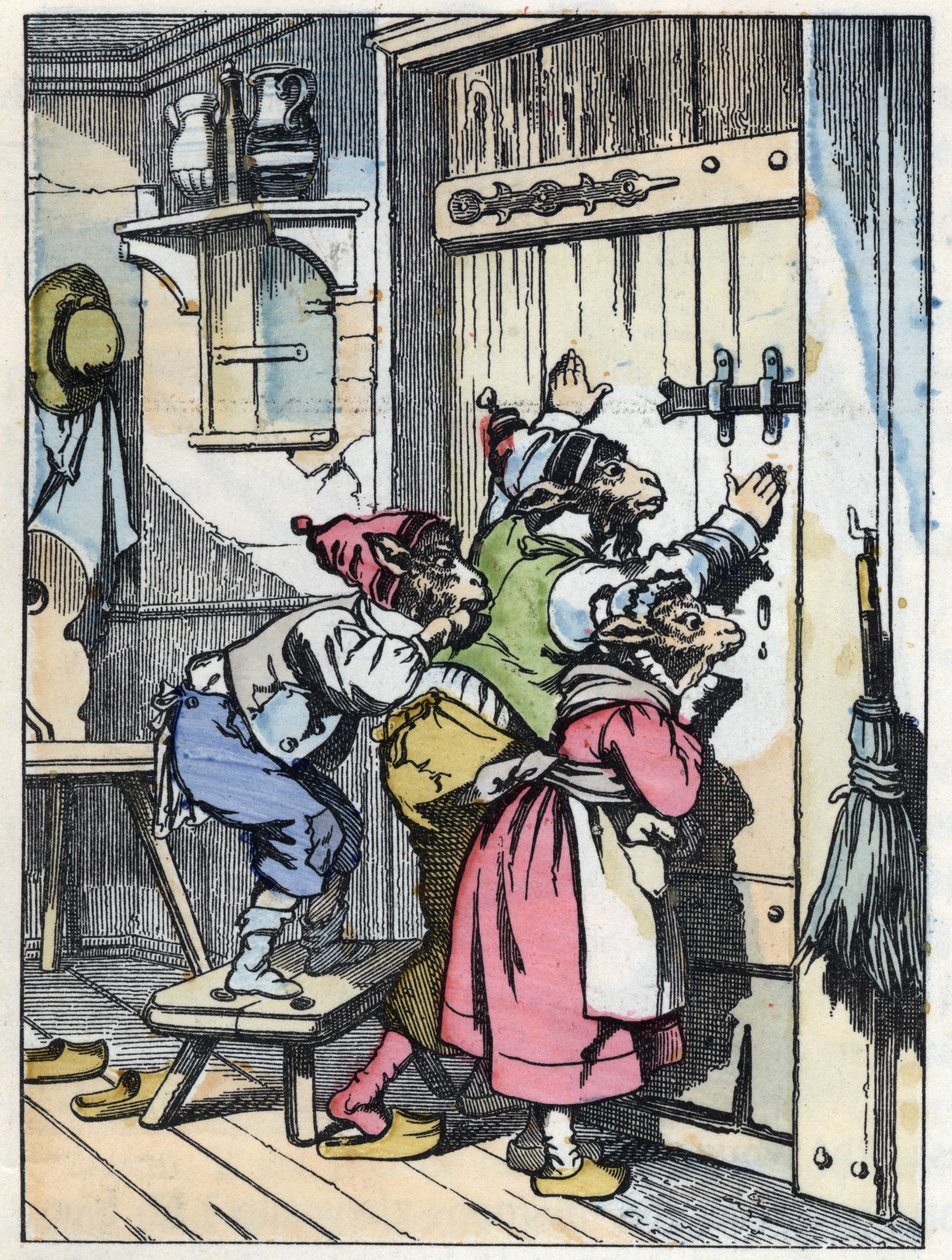 Os biquetes ouvem quem bate à porta. Ilustração do conto "Compere le Loup, Maitre Renard, Comere la Chevre et ses petits biquets" depois de uma fábula de Jean de la Fontaine. Em "Contos da casa para os pequenos". Gravura anónima do 1 de Unknown artist