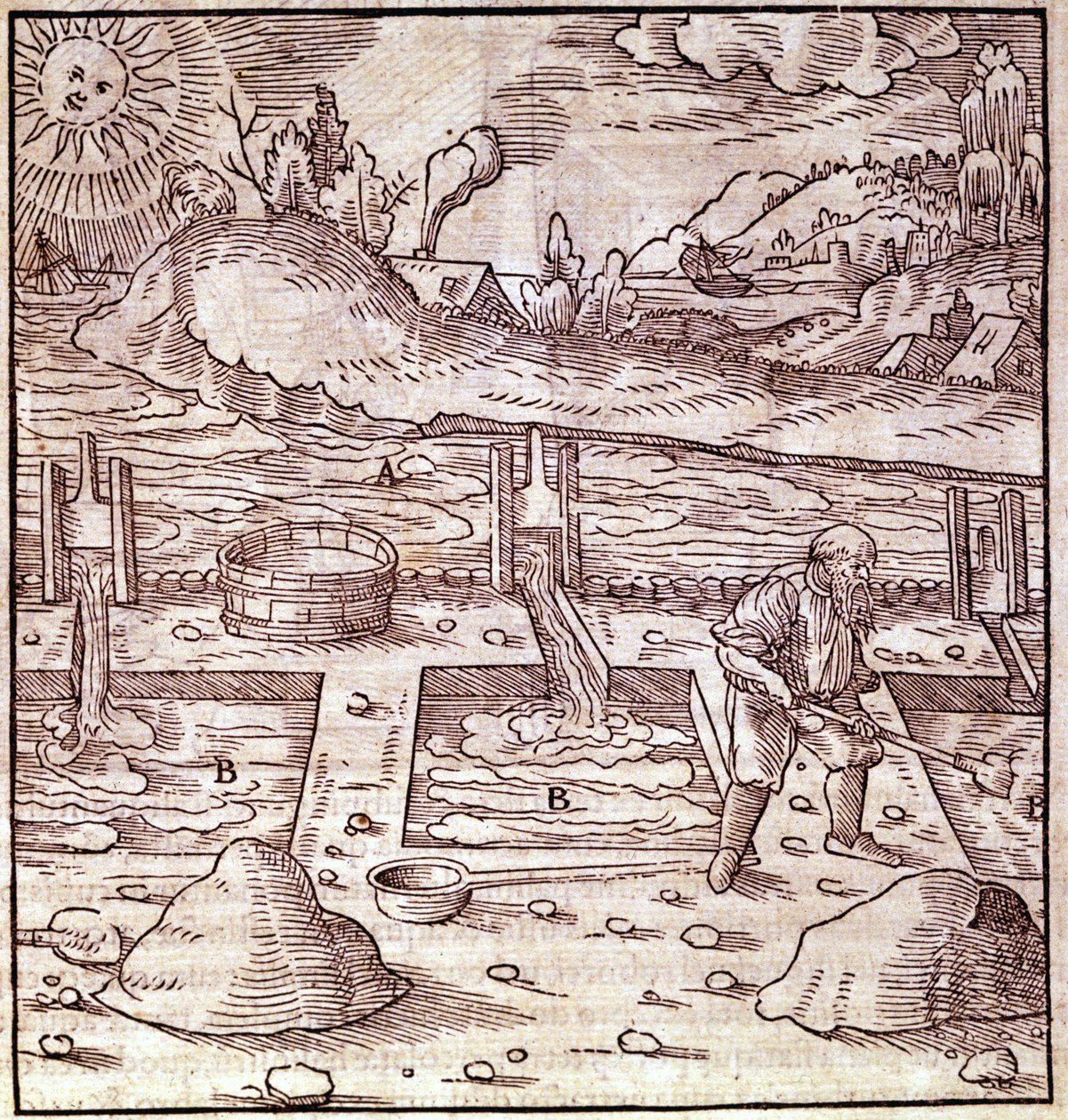 Recuperação de betume. Georg Bauer "Agricola De Re metallica" livro do século XV. Bibl. do Museu da Ciência, Milão. de Unknown artist