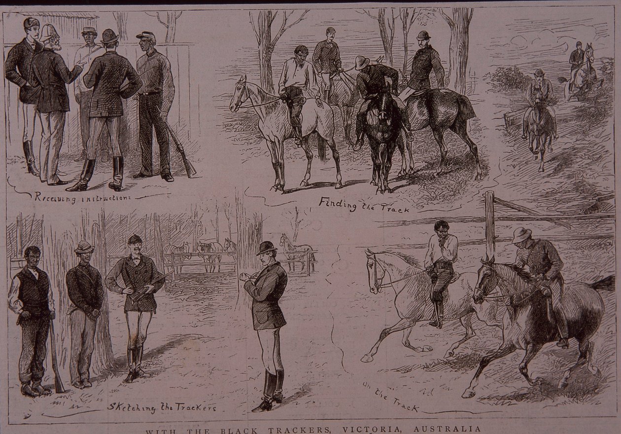 Black Trackers on the trail of bushrangers in Victoria, Austrália em 1881 (gravura) de Unknown artist