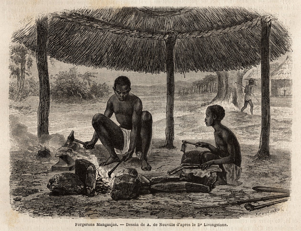 Ferreiro manganjas (grupo étnico da região do Zambeze). Gravura para ilustrar as primeiras viagens do Dr. Livingstone à África Austral de 1840 a 1856, no "Le tour du monde, nouveau journal des voyages" publicado sob a direcção de Edouard Charton de Unknown artist
