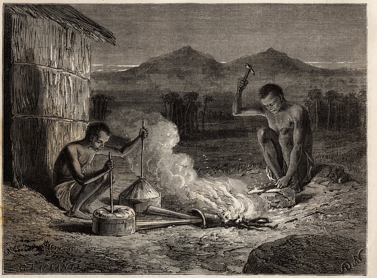 Ferreiros em Simiango, nas margens do rio Zambeze. Gravura para ilustrar as primeiras viagens do Dr. Livingstone à África Austral entre 1840 e 1856, no "Le tour du monde, nouveau journal des voyages" publicado sob a direcção de Edouard Charton de Unknown artist