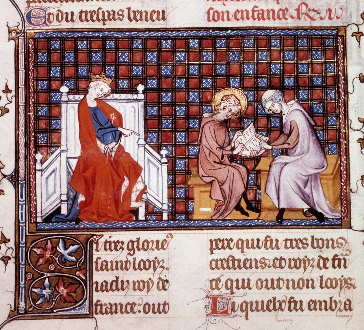 Blanche de Castille, Rainha de França (1188-1252), dirigindo a educação de seu filho Luís IX (1214-1270) (Saint Louis Miniature de um manuscrito "Vida e Milagres de Saint Louis", de Guilherme de Saint Pathus de Unknown artist