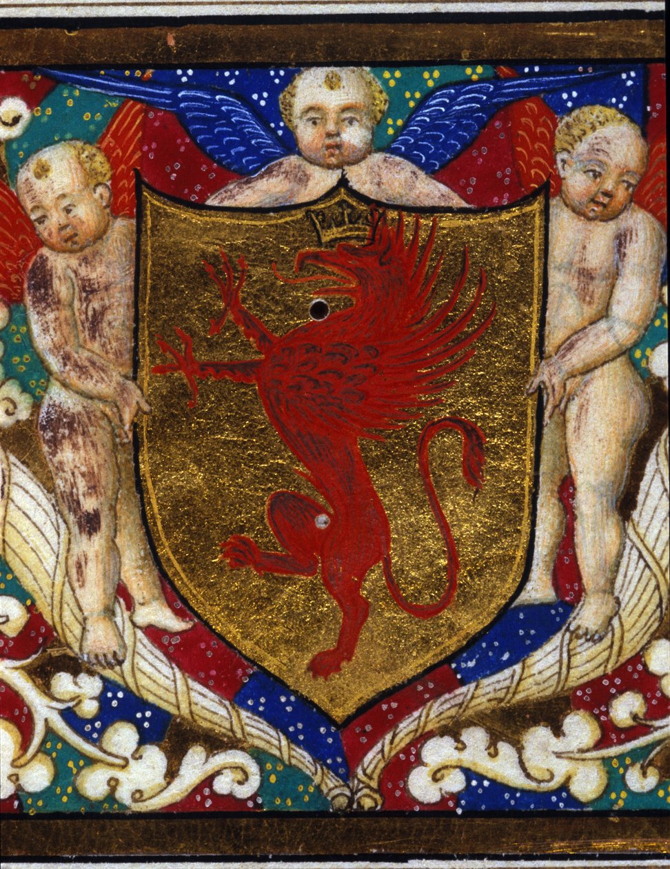 Blazon decora uma coroa de grifo sobre fundo dourado. Detalhe de uma miniatura. de Unknown artist
