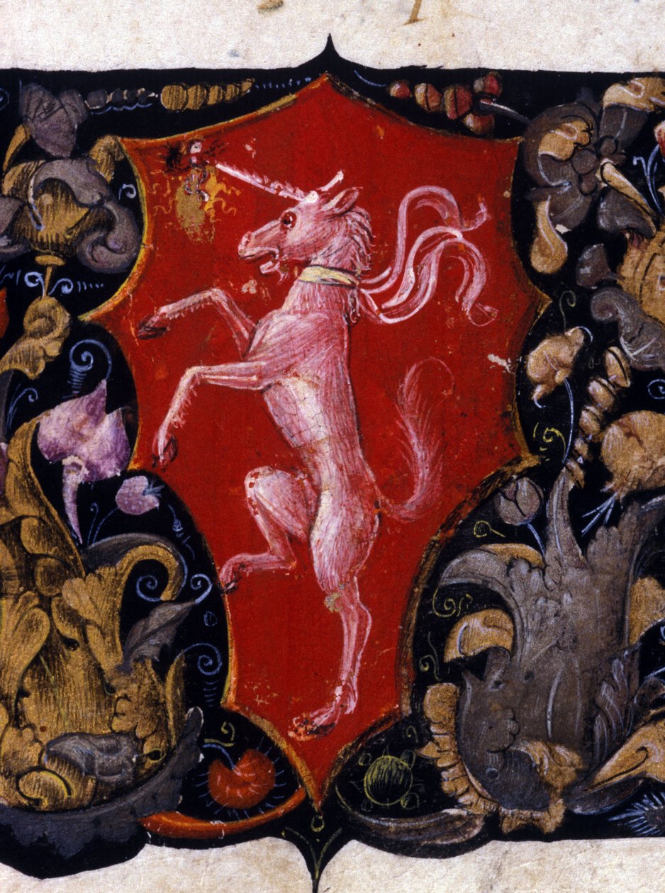 Blazon decorando um unicórnio sobre um fundo vermelho. Detalhe de uma miniatura. Século XV de Unknown artist