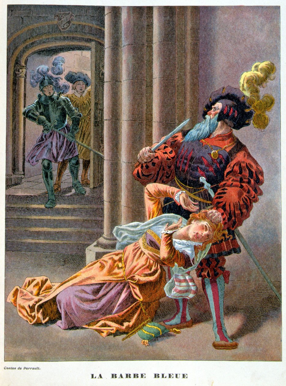 Barba azul (surpreendido por levar uma mulher pelos cabelos). Ilustração do século XIX. de Unknown artist