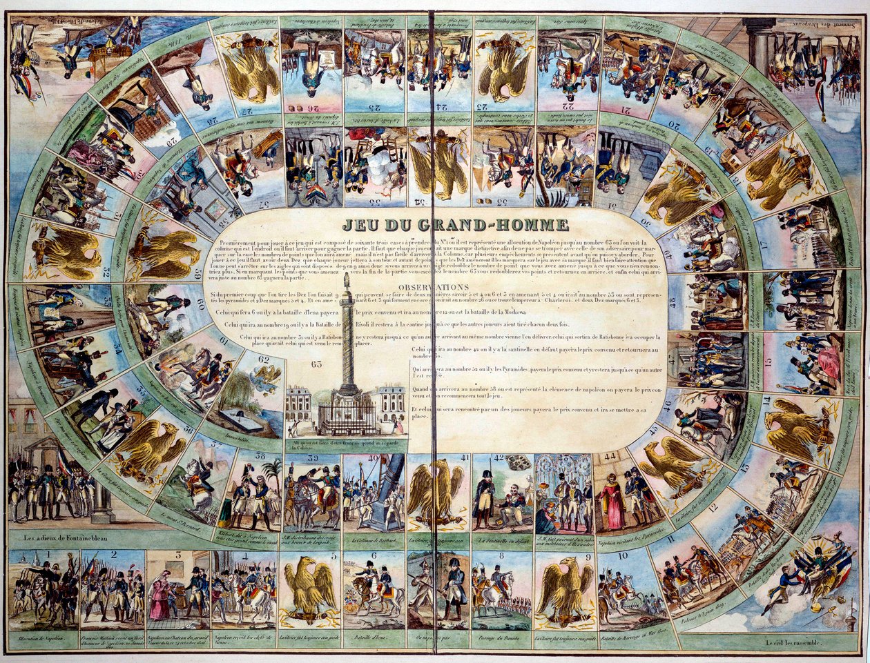 Jogos de tabuleiro: quadro do "Jogo do Grande Homem", modelo do jogo do ganso em homenagem ao imperador Napoleão I (1769-1821). Coleção Particular do Século XIX de Unknown artist