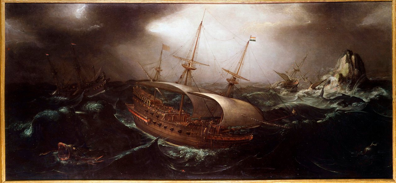 Barcos no quadro Tempete Anônimo. Paris do século XVII, museu marinho de Unknown artist