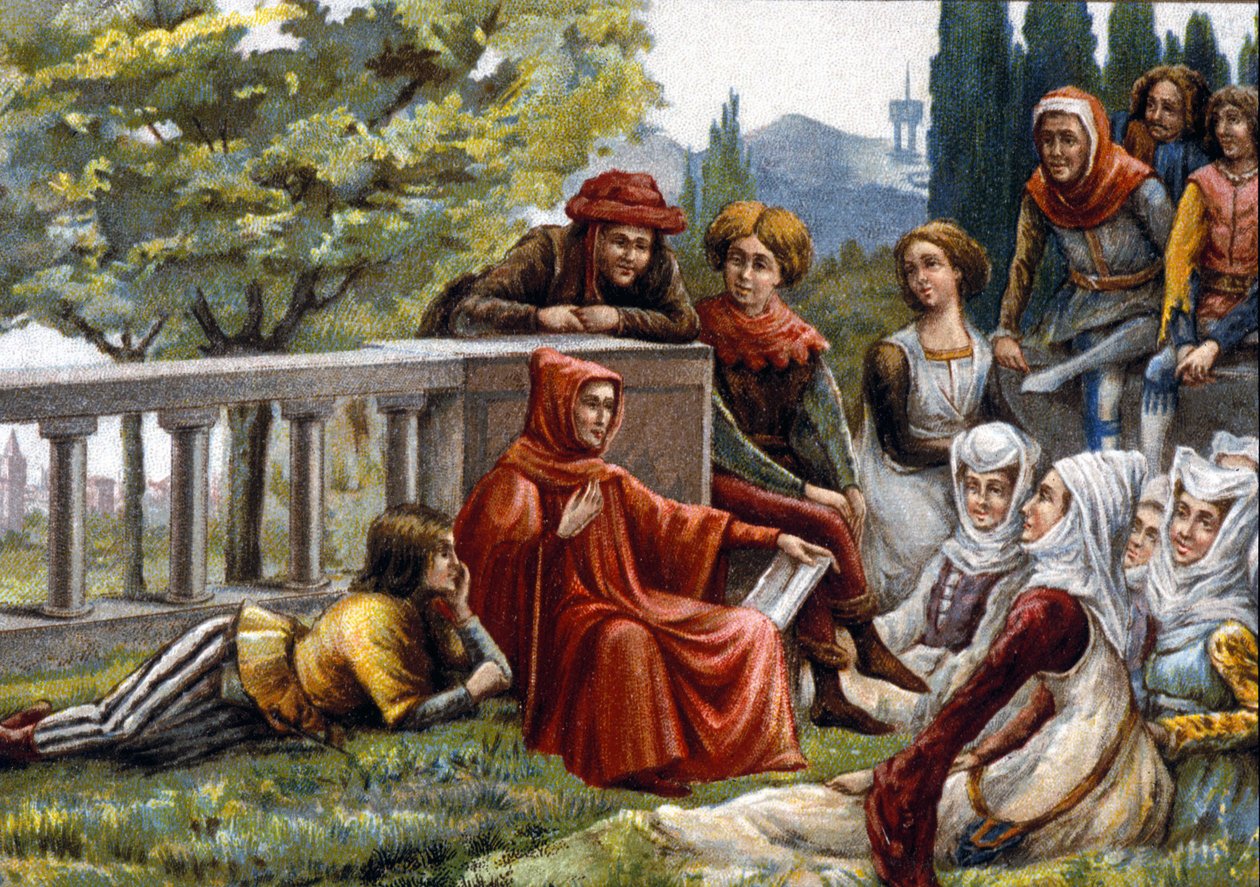 Boccacio (Boccacio) lendo o Decameron para seus amigos durante a epidemia de peste em Florença por volta de 1348. cromolitografia do final do século XIX. de Unknown artist