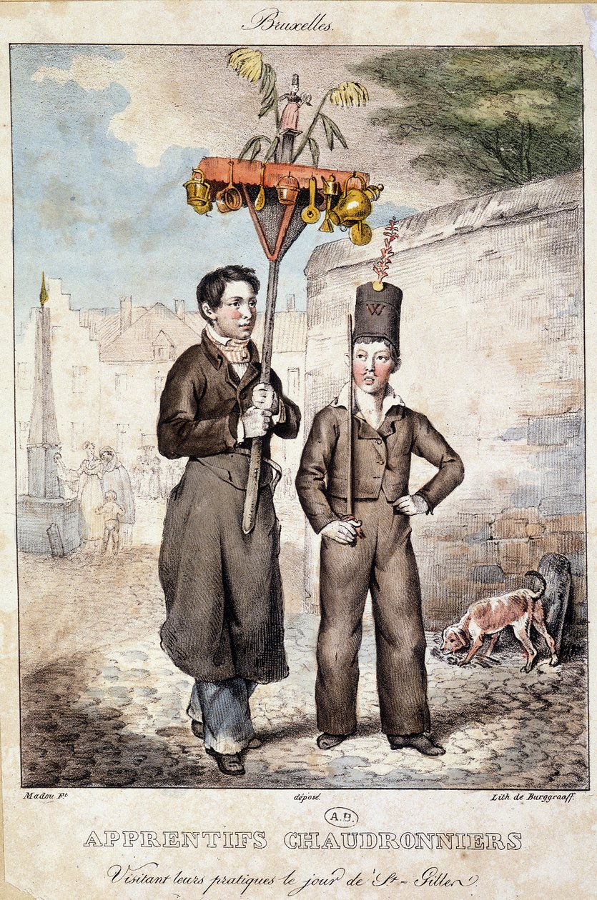 Aprendizes de caldeireiros visitando seus consultórios no dia de São Gillen (Bruxelas) - Litografia, deb. Século XIX de Unknown artist