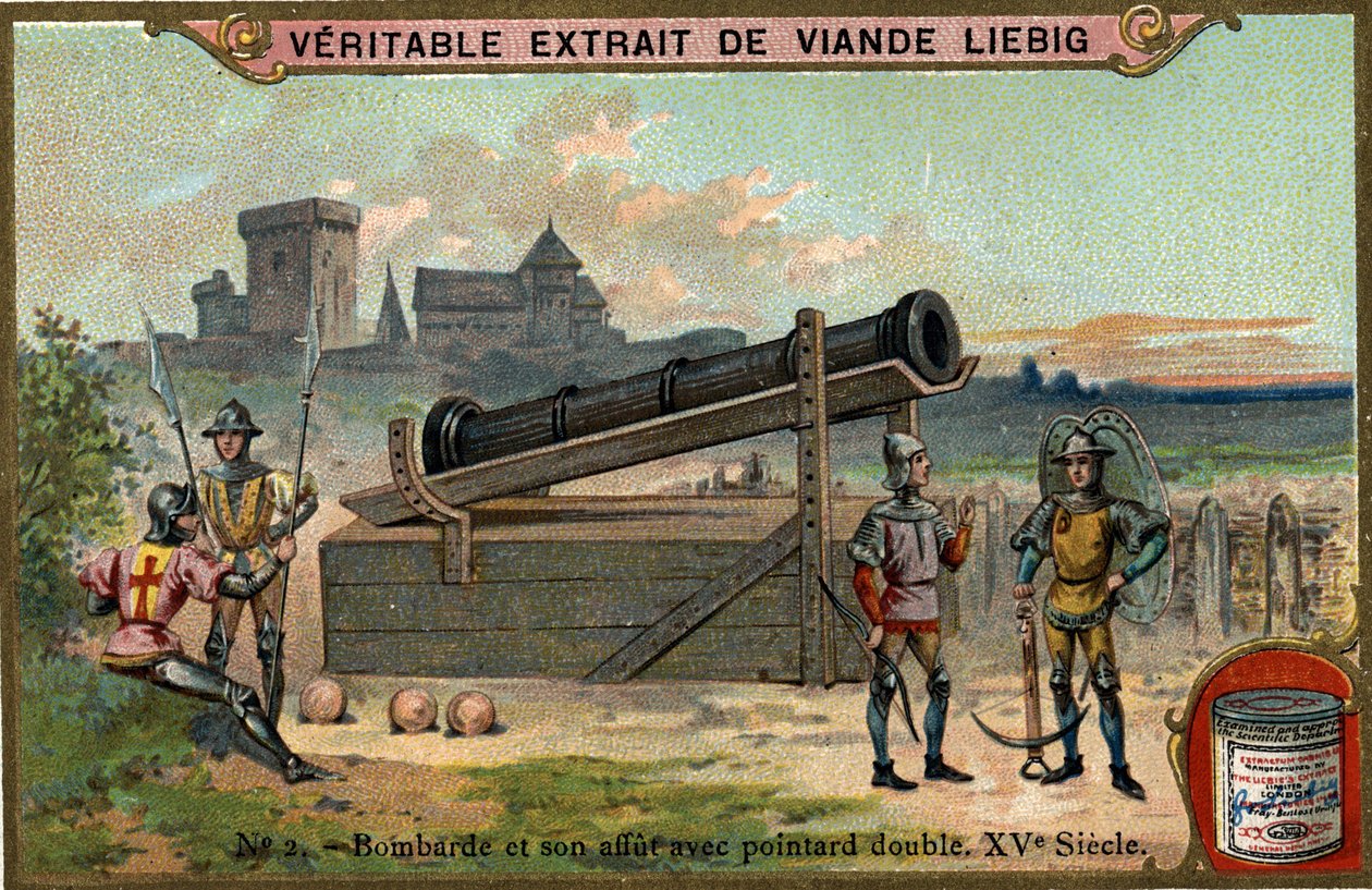 Bombarde e o seu relógio com dois ponteiros. Século XV. Chromo Liebig. de Unknown artist