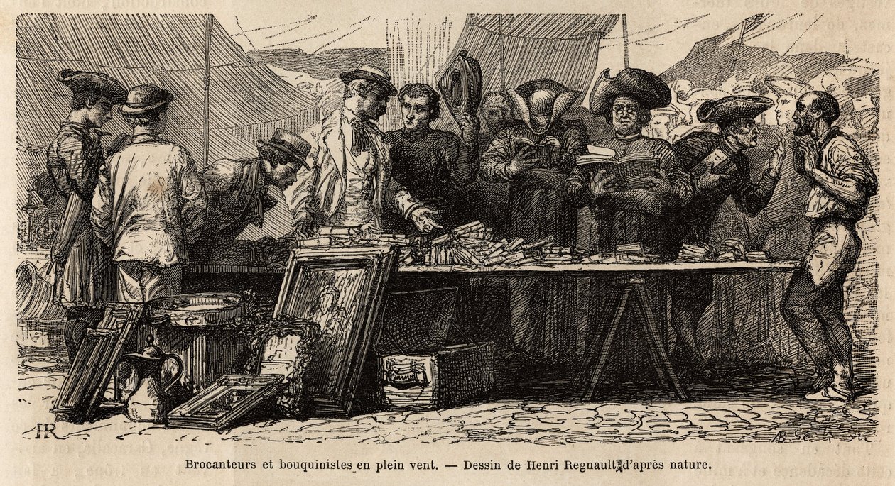 Livreiros e brocantes ao vento, perto da Praça Montanara, sob uma tenda montada, amadores e clérigos competem por um bric um brasão de antiguidades, uns lêem lá, outros barganham em gestos. Engravure pour illustrrer le voyage à Rome, de Francis Wey, em 186 de Unknown artist