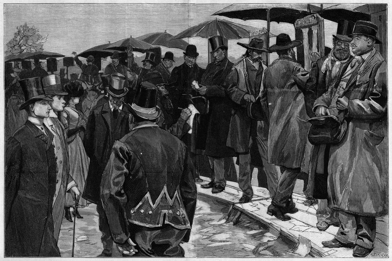 Bookmakers no hipódromo de Auteuil antes da retirada dos piquetes, em "Le Monde Illustré" 1887. de Unknown artist