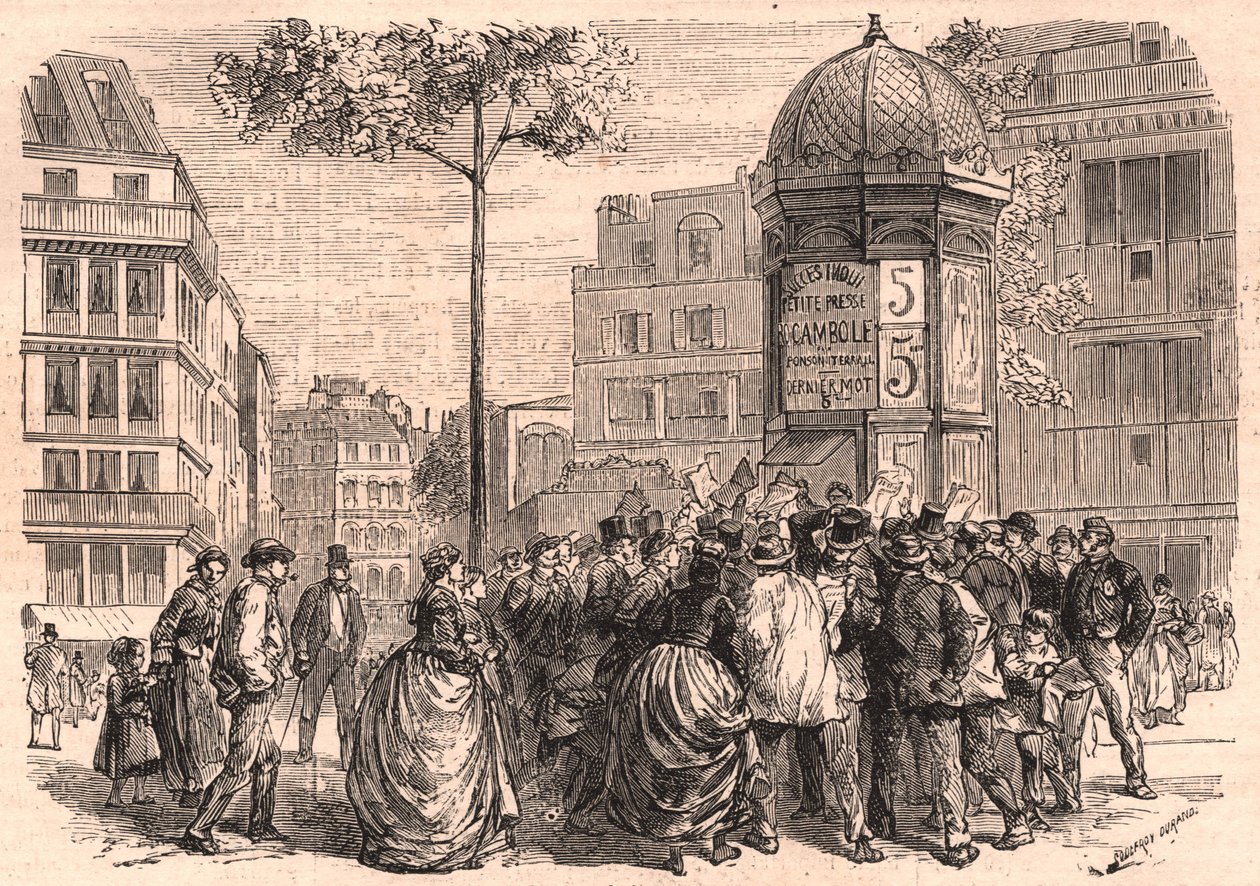 Boulevard Pigalle em Paris: multidão parisiense em torno de uma coluna de Morris durante a venda dos jornais de Unknown
