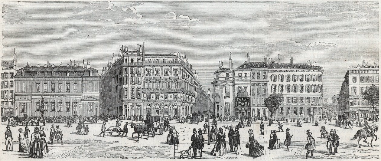 Boulevard des Italians com o café de Paris, a rue Taitbout, a casa doree, a rue Lafitte, o café Riche e a rue Lepelletier - Gravação em "Tableau-de-Paris" de Edmond Texier 1852 de Unknown artist