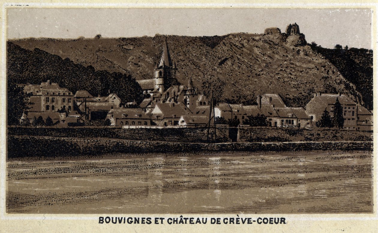 Bouvignes sur Meuse e Creve Coeur castelo (Creve-Coeur ou Crevecoeur), Wallonia, Bélgica de Unknown artist