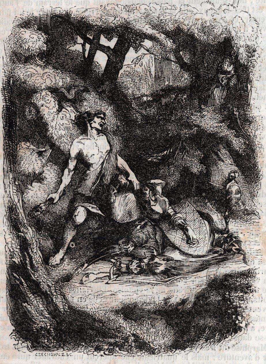 Bradamante terrassee por um gigante - gravura de 1851 de "Furious Roland" (Orlando furioso) (século XVI) de Ludovico Ariosto, conhecido como Ariosta - Edição traduzida do italiano pelo Conde de Tressan e publicada por Gustave Harvard 1851 de Unknown artist
