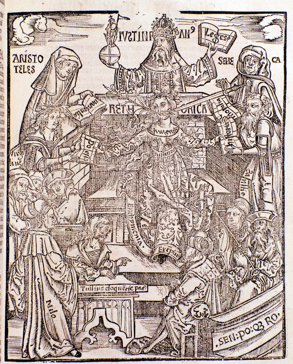 Os ramos do conhecimento representados por Aristóteles (canto superior esquerdo) representam a Filosofia Natural, com Sêneca representando a Filosofia Moral à direita, o Imperador Justiniano (centro superior). A mulher do centro tem uma espada e um ramo fl de Unknown artist