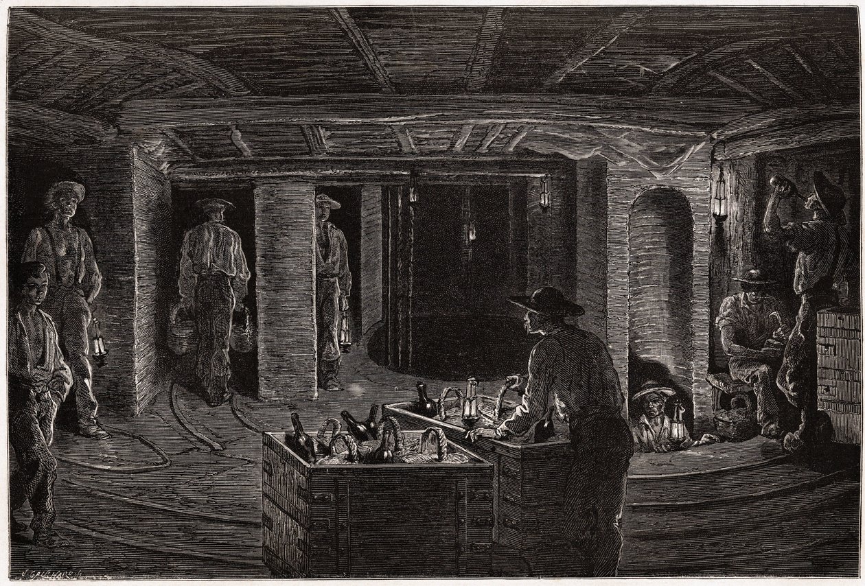 Café da manhã na mina, distribuição e consumo de cestas básicas para os mineiros nas galerias de mineração de carvão do Creusot. Gravura para ilustrar uma viagem ao Creusot e às minas de Saone e Loire, em 1865, por L. Simonin, em "Le tour du monde, no de Unknown artist