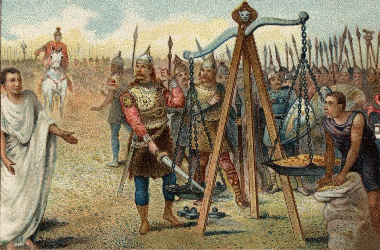 Brennus colocando sua espada na balança, 390 a.C.: Sacked Rome by the Gauls led by their chief Brennus (Brennos). Diante da resistência dos romanos, Brennus concordou em lidar com o tribuno militar romano Quintus Sulpicius: ele deixou Roma contra o pai de Unknown artist