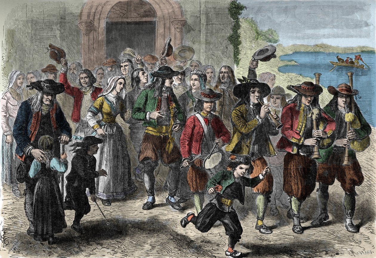 Costume bretão: casal de jovens casamentos na saída da igreja. No topo do cortejo estão os tocadores de biniou e tambor. Treguennec, Finistere (29) de Unknown artist