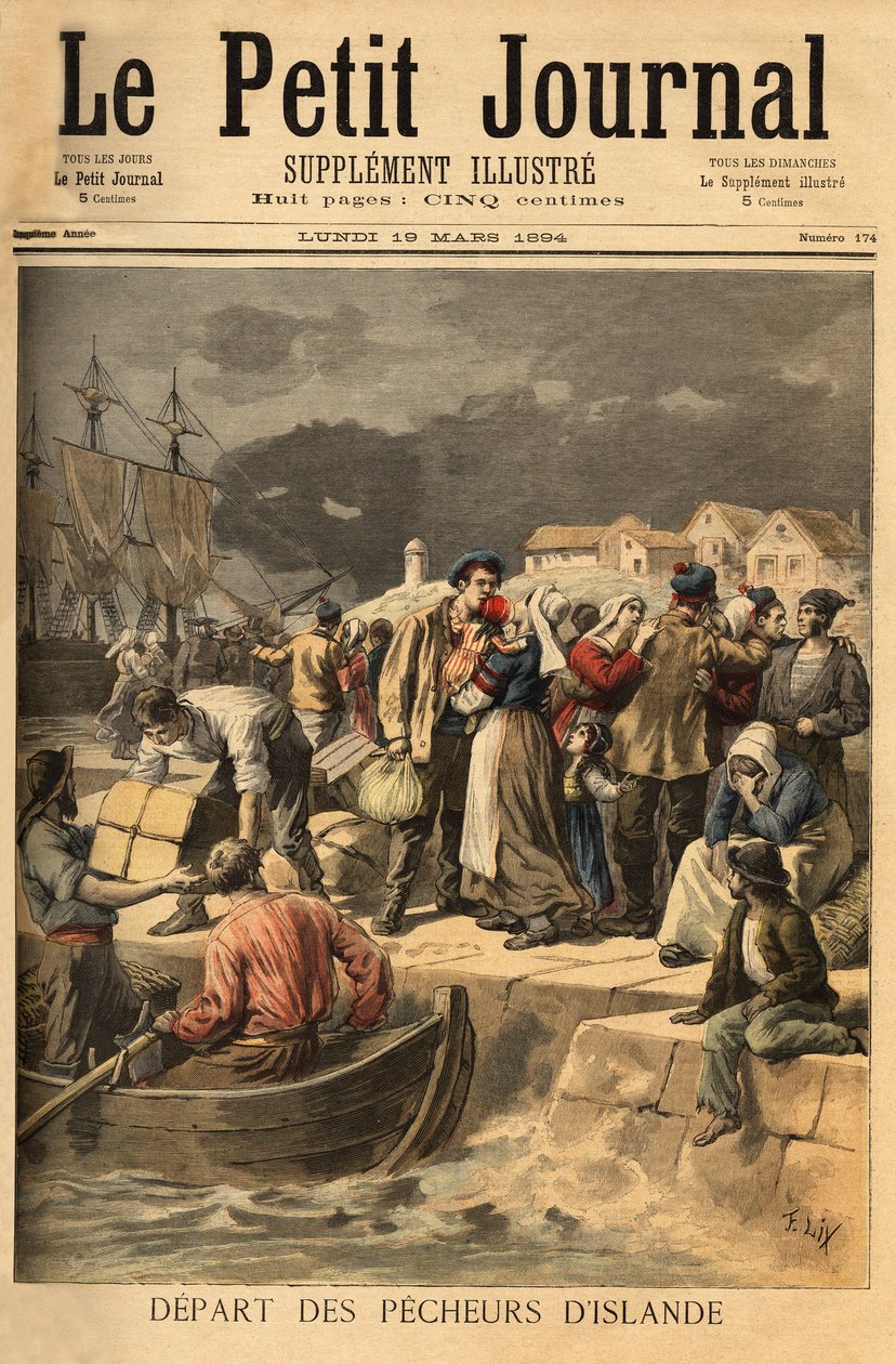Marinheiros bretões deixam Paimpol na primavera para procurar bacalhau na costa da Islândia ou Newfoundland (Terra Nova). Gravura no "Le petit journal" 19/03/1894. Coleção da Selva. de Unknown artist