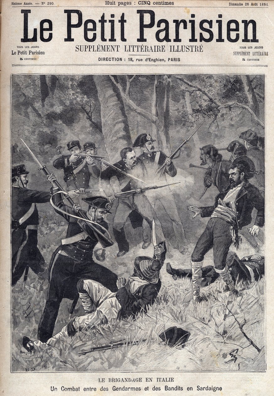 Brigandage na Itália: uma luta entre gendarmes e bandidos na Sardenha. (Briganti Sardi, Sardegna) Gravura em "Le Parisien". de Unknown artist