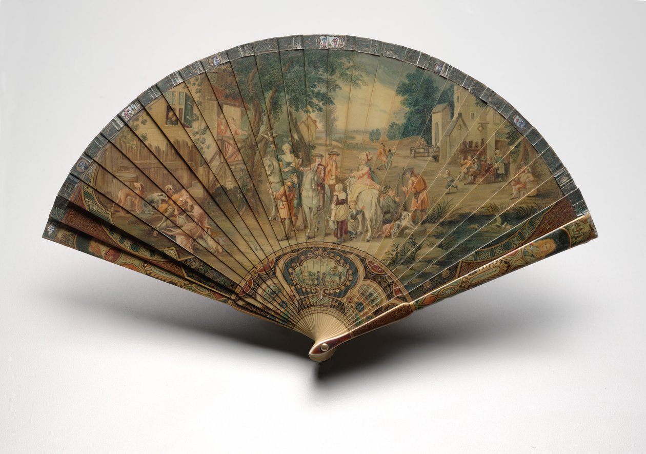 Leque de Brisé com cena de caça, c.1880-1900 (óleo sobre lâminas de celulóide, fita de papel, carapaça de tartaruga falsa e latão) de Unknown artist