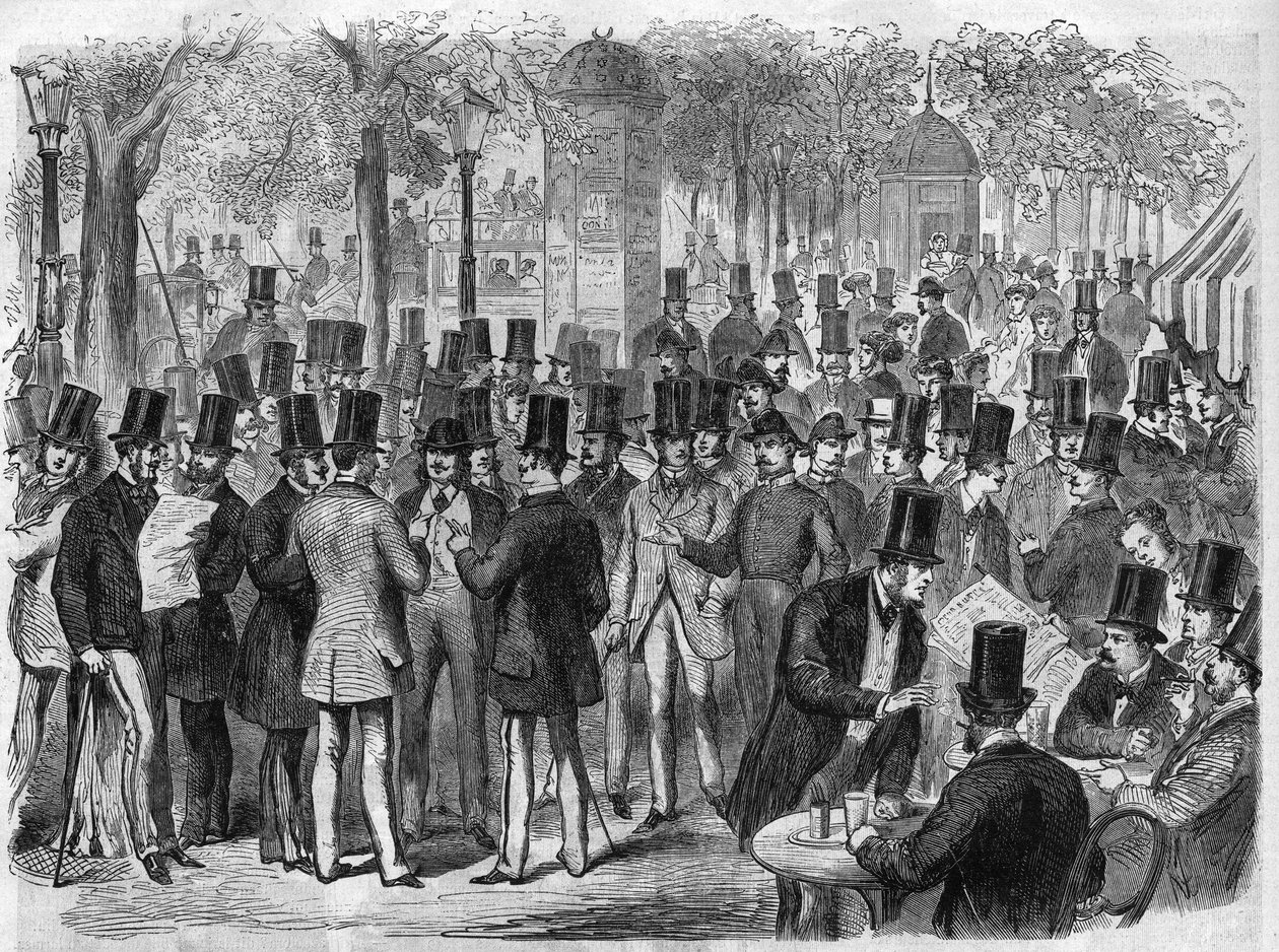 Corretores perto da pequena Bourse du Boulevard des Italians em Paris, França. Gravura no "The Illustrous Universe" (O Universo Ilustre) de Unknown artist