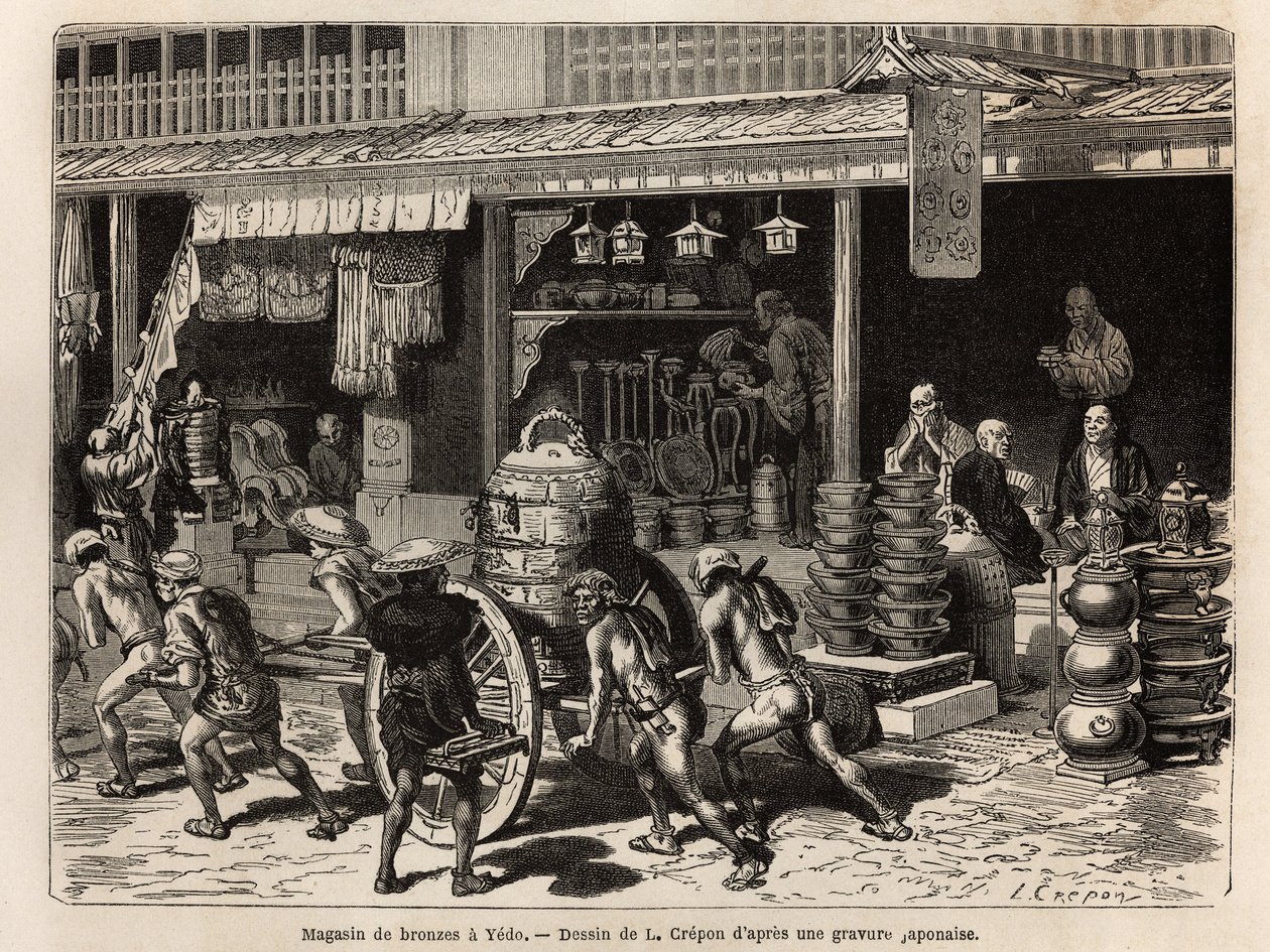 Loja de Bronze em Yedo (ou Edo, atual Tóquio), especialidade da cidade, apresentando objetos de culto budista: sinos, gongos, tambores, vasos, candelabros, incensos e estátuas, mas também menos objetos rituais, como latas de saquê, candeeiros, braseiras e  de Unknown artist