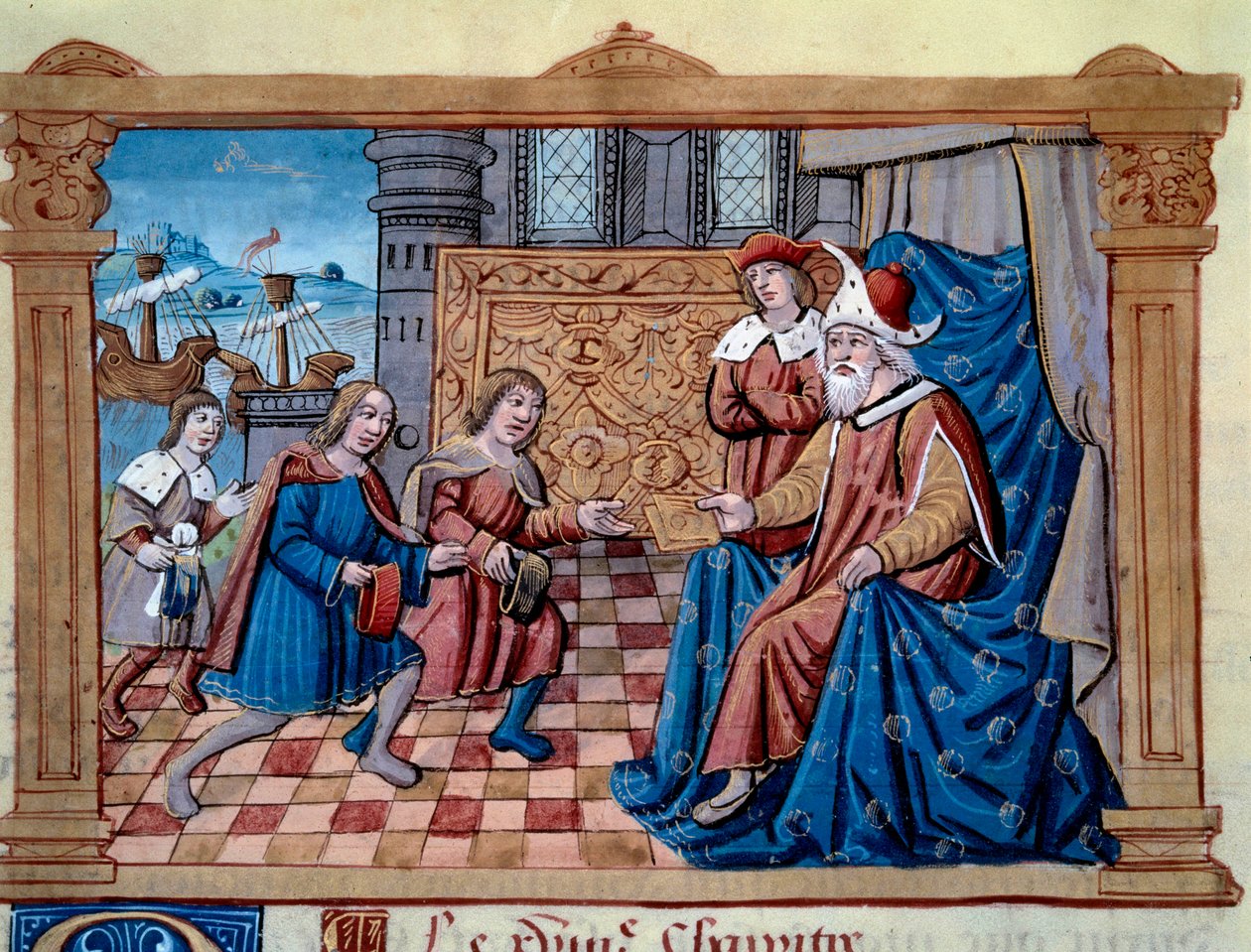 Os irmãos Nicolo e Matteo Polo, pai e tio do jovem Marco Polo (1254-1324) foram recebidos na corte do Qubilai (Kubilai Khan, primeiro imperador da dinastia Yuan mongol (1215-1294), imperador mongol em 1271. Miniatura tirada de "The B de Unknown artist
