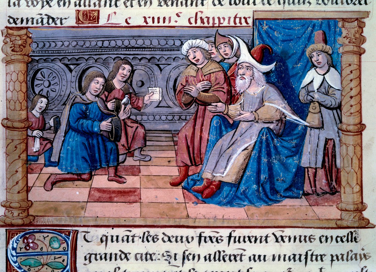 Os irmãos Nicolo e Matteo Polo, pai e tio do jovem Marco Polo (1254-1324) foram recebidos na corte do Grande Qubilai (Kubilai Khan, primeiro imperador da dinastia Yuan mongol (1215-1294), imperador mongol em 1271". Miniatura tirada de " de Unknown artist
