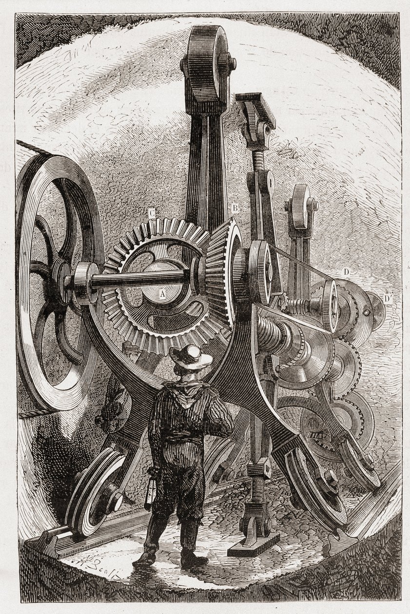 Brunton machine for tunnel cavging in soft rocks - in "The new conquests of science: electricite" de Louis Figuier, sd de Unknown artist