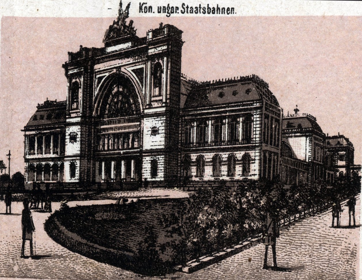 Budapeste, Hungria: vista do magyar kiralyi allavasutsk (estação ferroviária). em "O mundo ilustra 168 vistas" Sem data (final do século XIX) de Unknown artist