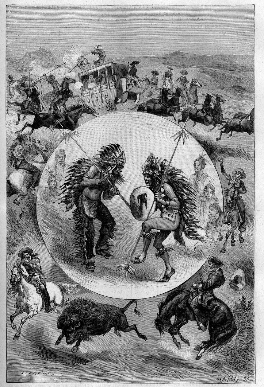 Show de Buffalo Bill em Paris: exercícios apresentados pela trupe de William Frederic Cody (1846-1917), conhecido como Buffalo Bill (ataque de uma diligência, dança Sioux, caça ao búfalo). Gravação em "La Nature. Revue des sciences et de ses applications a de Unknown artist