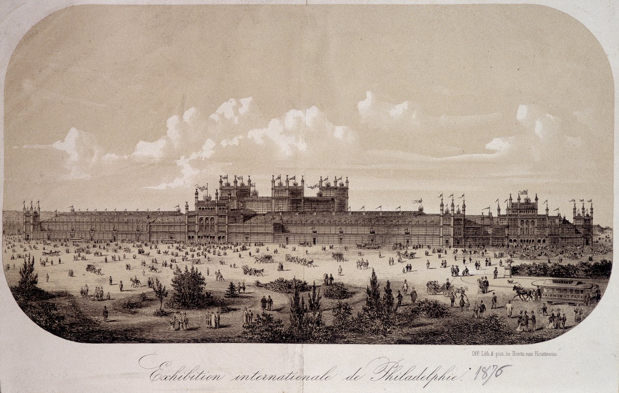 Edifício comemora o centenário da fundação dos Estados Unidos (1776-1876) na Exposição Internacional de Filadélfia de Unknown artist