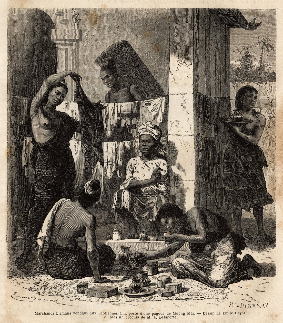 Mercadores birmaneses vendendo tecidos e perfumes para mulheres laocianas à porta de um pagode em Muong Mai. Gravura para ilustrar a viagem de exploração na Indochina, de Francis Garnier, tenente de Vaissseau, em 1866-1868, publicada em "Le tour du mond de Unknown artist