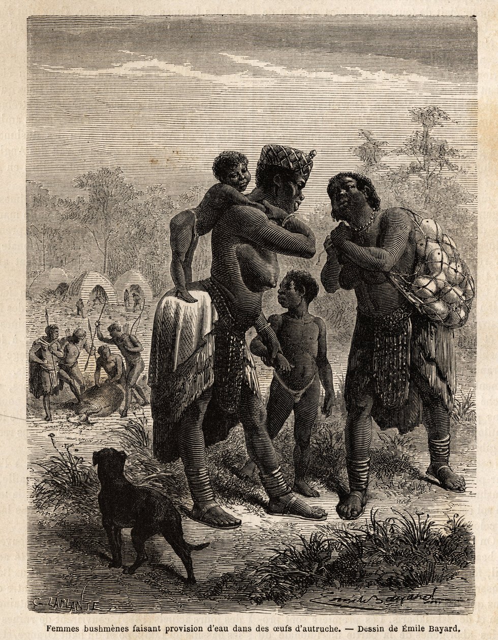 Os bosquímanos que armazenam água em ovos de avestruz, acompanhados pelos seus filhos; ao fundo, vistos da aldeia e homens a abater um antílope. Gravura para ilustrar as primeiras viagens do Dr. Livingstone à África Austral entre 1840 e 1856, em "Le tour d de Unknown artist