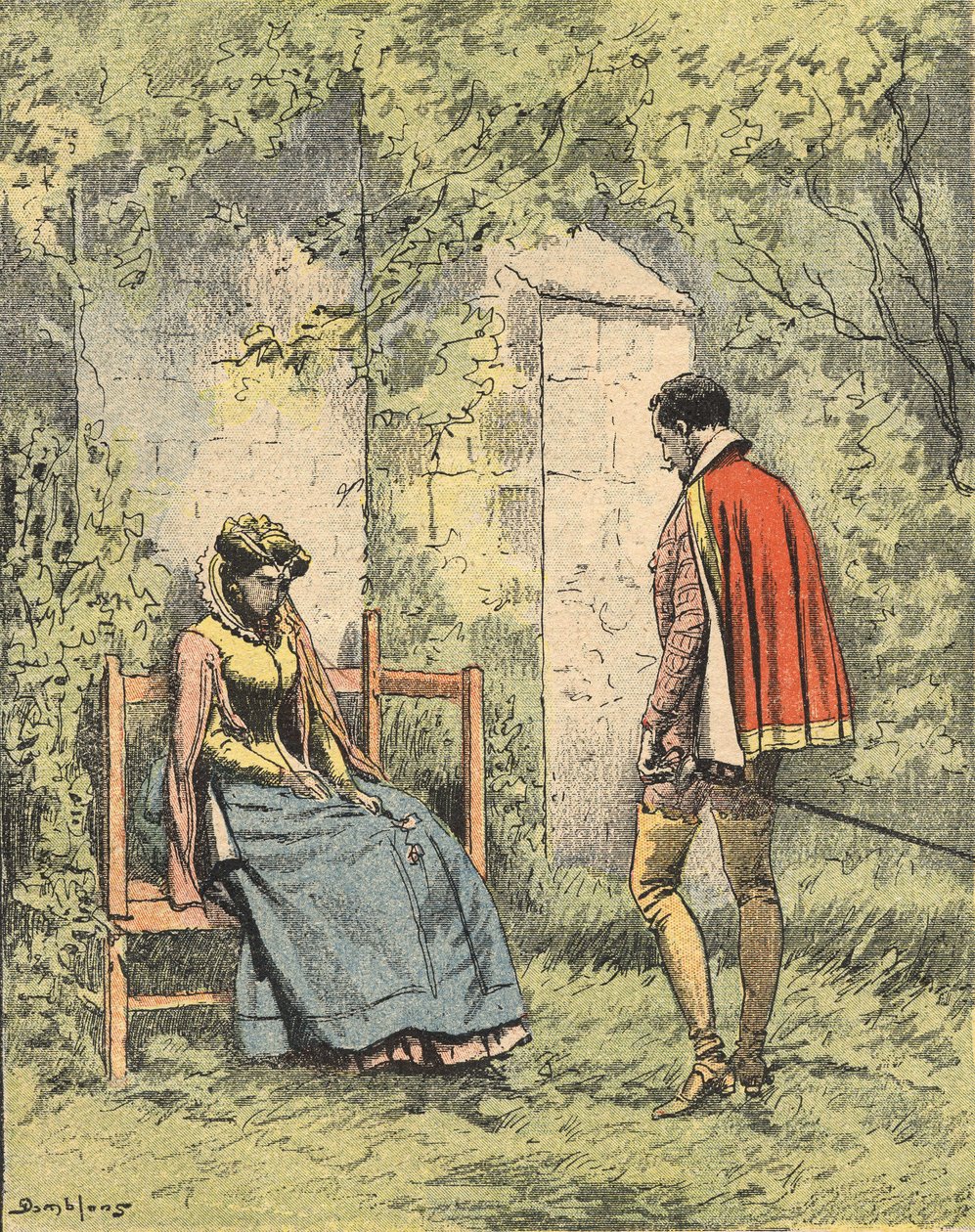 Bussy and Diane, conhecida como Madame de Monsoreau, no jardim pronto da Igreja, Ilustração do romance "La Dame de Monsoreau" de Alexandre Dumas no "Journal des novels populaires illustrés". de Unknown artist