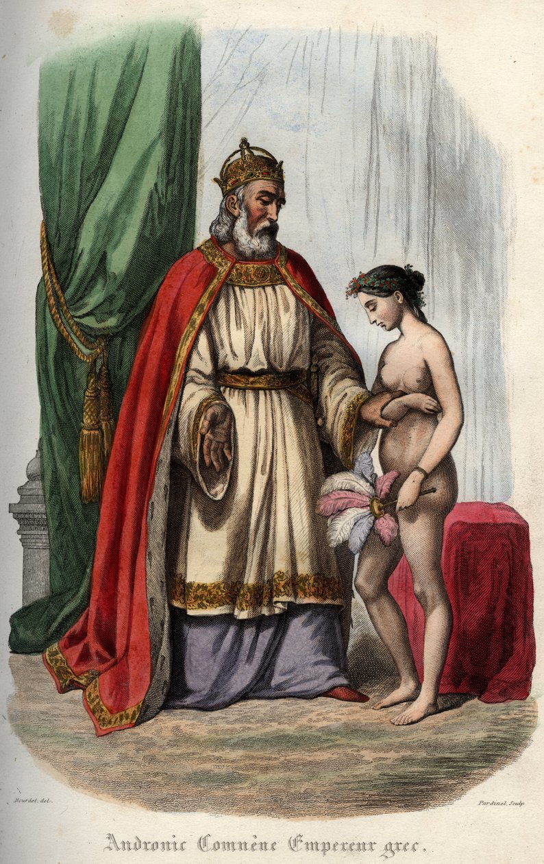 Imperador bizantino Andronikos I Komnenos (ou Andronicus I Comnenos (c. 1118-1185) (Andronic I Comnene) e sua esposa Agnes da França (1171-1240), que é forçada a aparecer nua para sua orgia. Gravura de 1842 em "Histoire des popes" de Maurice Lachatre. Pri de Unknown artist
