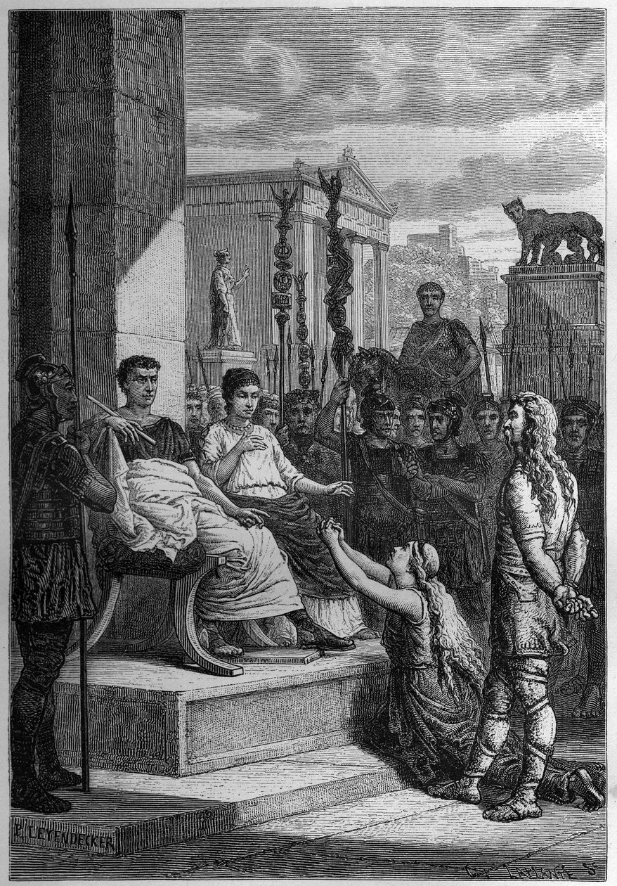 CAPTIVIDADE DE CHAMACUS - Caratacus (Caratacos, Caratacus) em cativeiro com sua família se dirige ao Imperador Romano Cláudio (Cláudio I) (10 AC-54 AD) - Gravura em "L