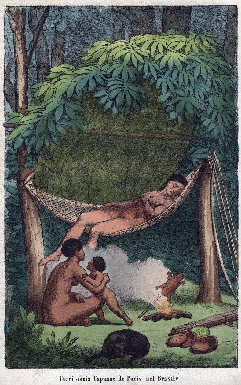 Cabane des Puris au Brazil - Vista de uma Cabana Puri no Brasil - gravura de "Usos e Costumes de Todos os Povos do Universo". Ou seja, a história do governo, leis, milícias e religião de todas as nações desde os tempos mais remotos até os dias de hoje. de Unknown artist
