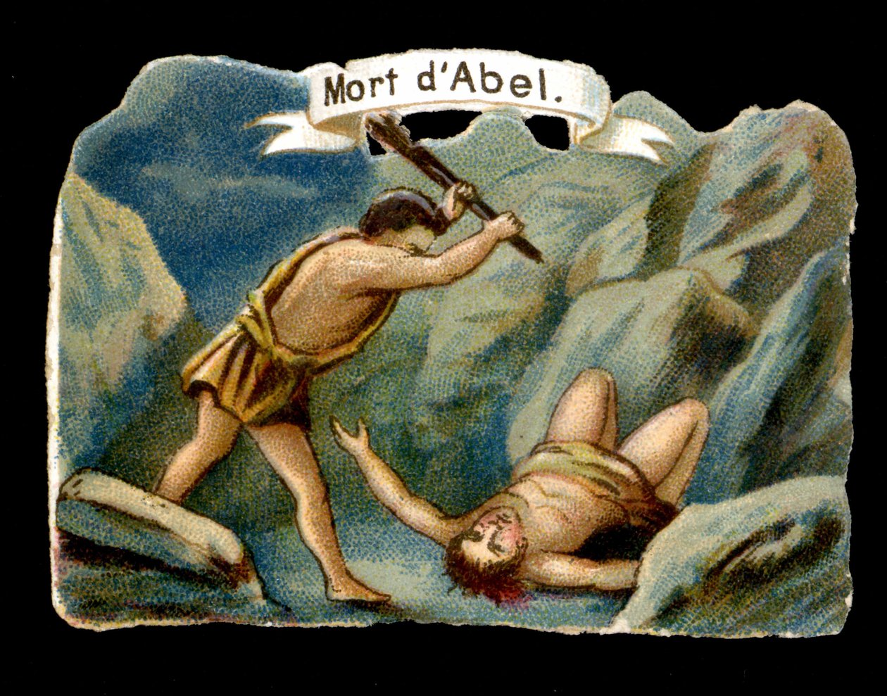 Caim matando seu irmão mais novo Abel por ciúmes (Filhos de Adão e Eva). Cromolitografia do século XIX. de Unknown artist