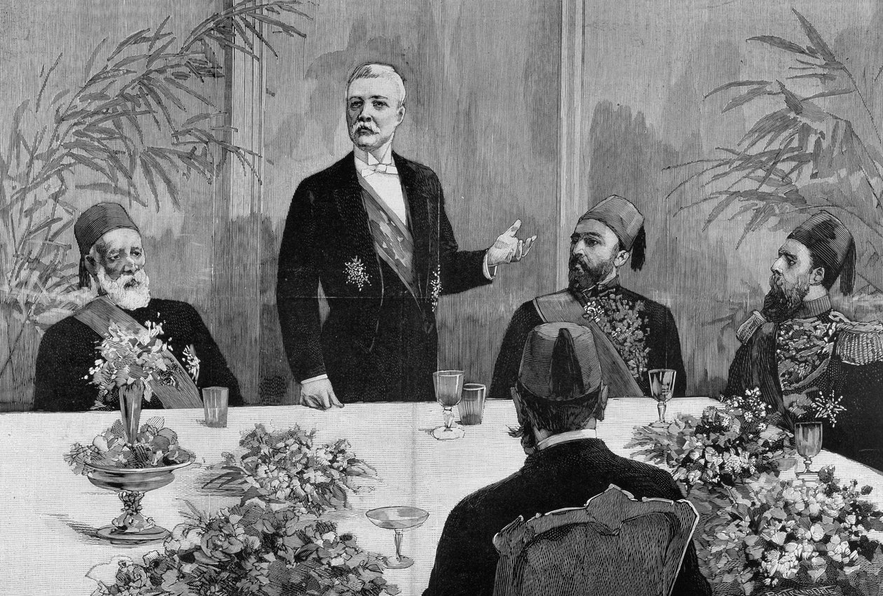 Cairo: Stanley (Sir Henry Morton) (1841 - 1904) faz um discurso no seu banquete. Gravura do século XIX. de Unknown artist