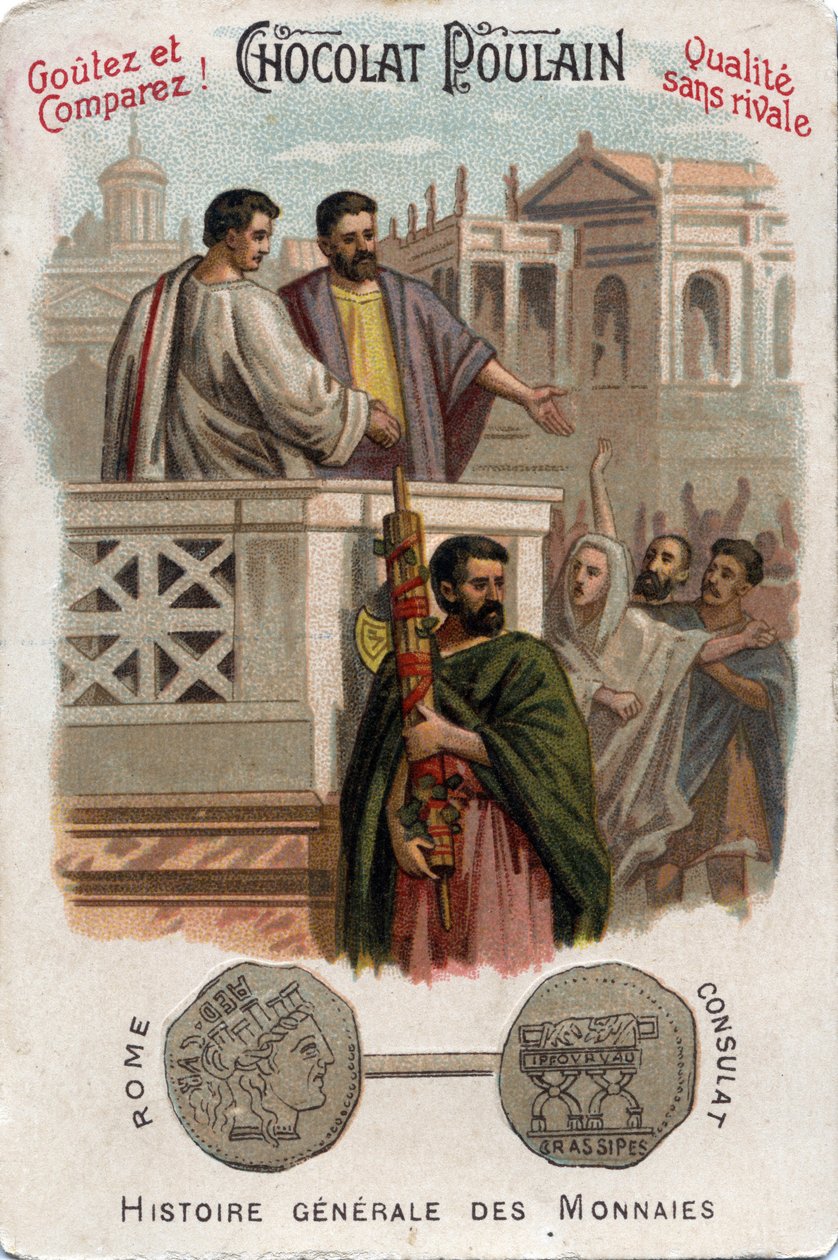 Caius Licinius Calvus Stolon contribui para a adesão dos Plebeus ao poder político, obtendo acesso ao consulado. Em História Geral das Moedas. Cromolitografia de Chocolate-Foal do final do século XIX. Coleção privada. de Unknown artist