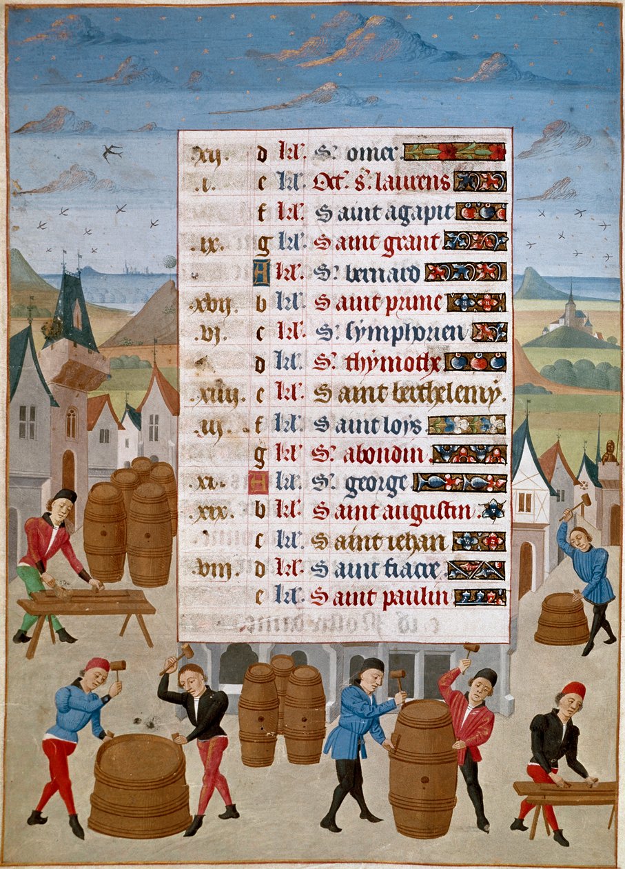 Calendário: Agosto - Fabricação de barricas de vinho - Miniatura do Mestre Jean de Rolin (século XV) de "The Hours of Adelaide of Savoy, Duchess of Burgundy" 1460-1465 Chantilly, Musee Conde de Unknown artist