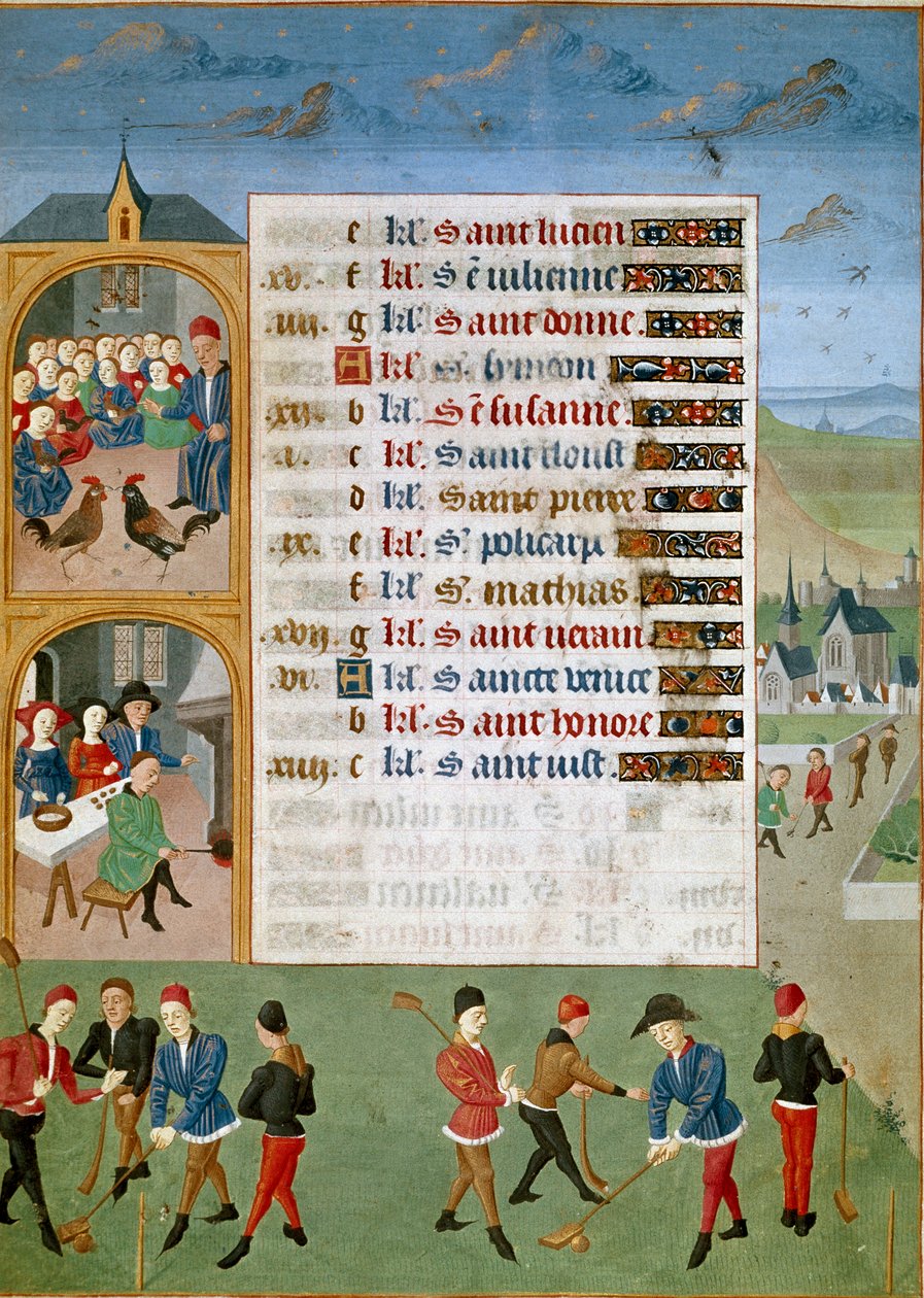 Calendário: Fevereiro, os diferentes jogos: uma espécie de críquete, as lutas do galo - Miniatura do Mestre de Jean Rolin do manuscrito "Les Hours d