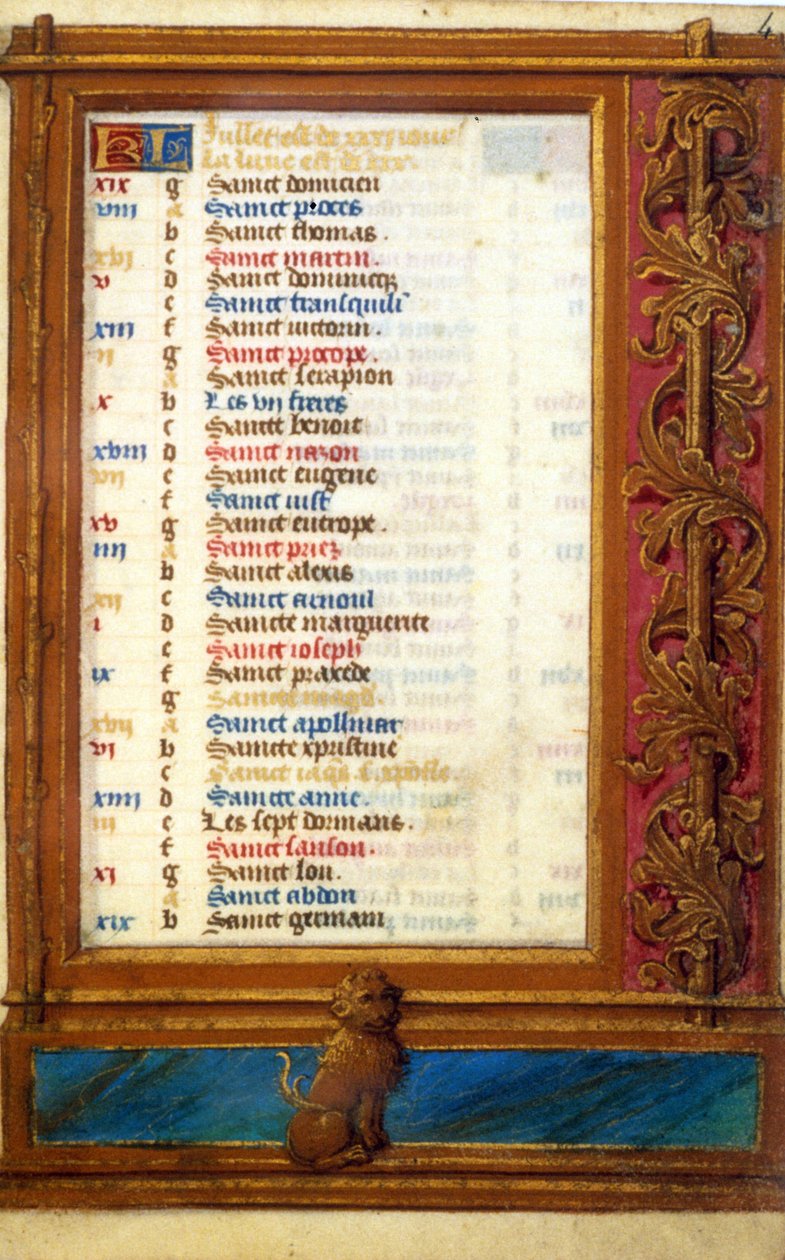 Calendário do mês de Julho com o signo do Leão - Miniatura da Idade Média: Pedido de permissão da Biblioteca Municipal de Toulouse (tel: 05 62 27 66 66) de Unknown artist