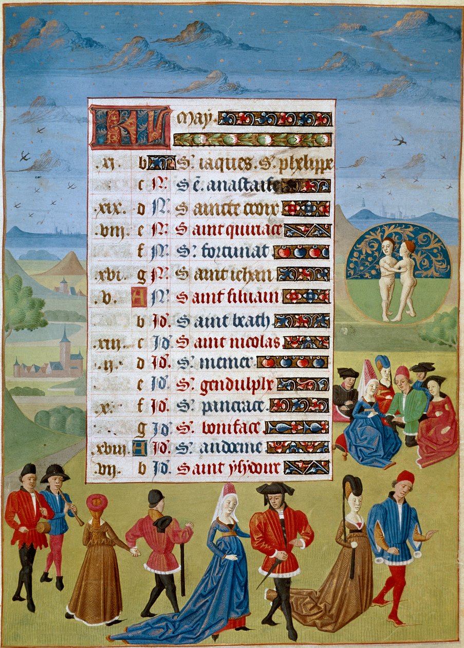 Calendário: o mês de Maio, danças e jogos - Miniatura do Mestre de Jean Rolin do manuscrito "As Horas de Adelaide de Savoy, Duquesa de Borgonha" 1460-1465 Chantilly, Musee Conde de Unknown artist