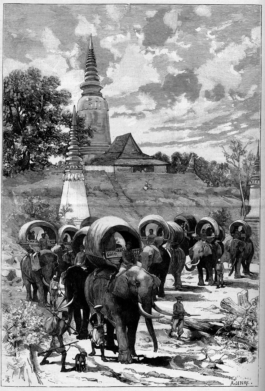 Camboja: caravana de caça do protectorado francês em frente à montanha de Lady Penh (Pnom Penh, Pnom Penh) Em "The Illustrous World" n°1312 de 20 de Maio de Unknown artist